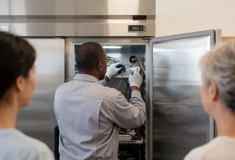 Un technicien en gants ajuste le câblage à l'intérieur d'un réfrigérateur industriel en acier inoxydable, tandis que deux personnes observent depuis l'arrière.