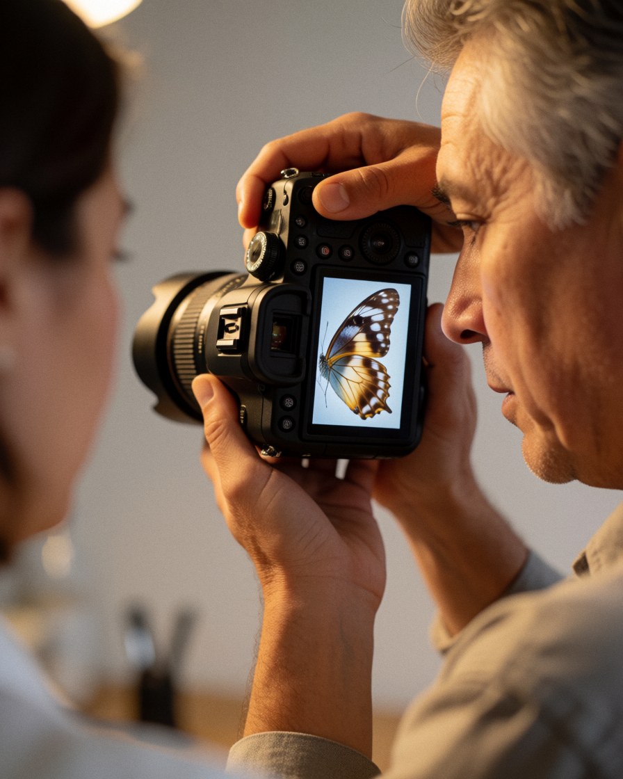 Un photographe professionnel examine une image de papillon sur l'écran de son boîtier en studio avec un fond neutre et une lumière chaude.