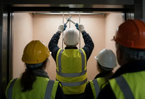 Technicien en casque et gilet ajustant les câbles de suspension dans un ascenseur, observé par d'autres travailleurs.