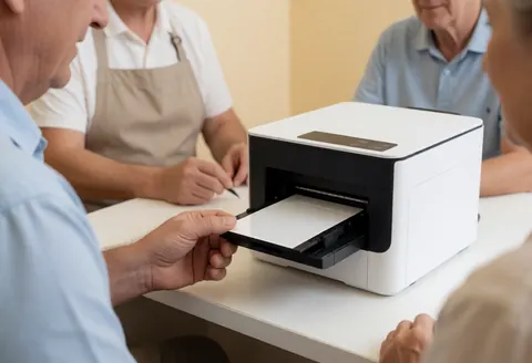 Une main guide le papier sortant d'une imprimante photo compacte posée sur une table blanche dans un espace de service avec des personnes présentes.