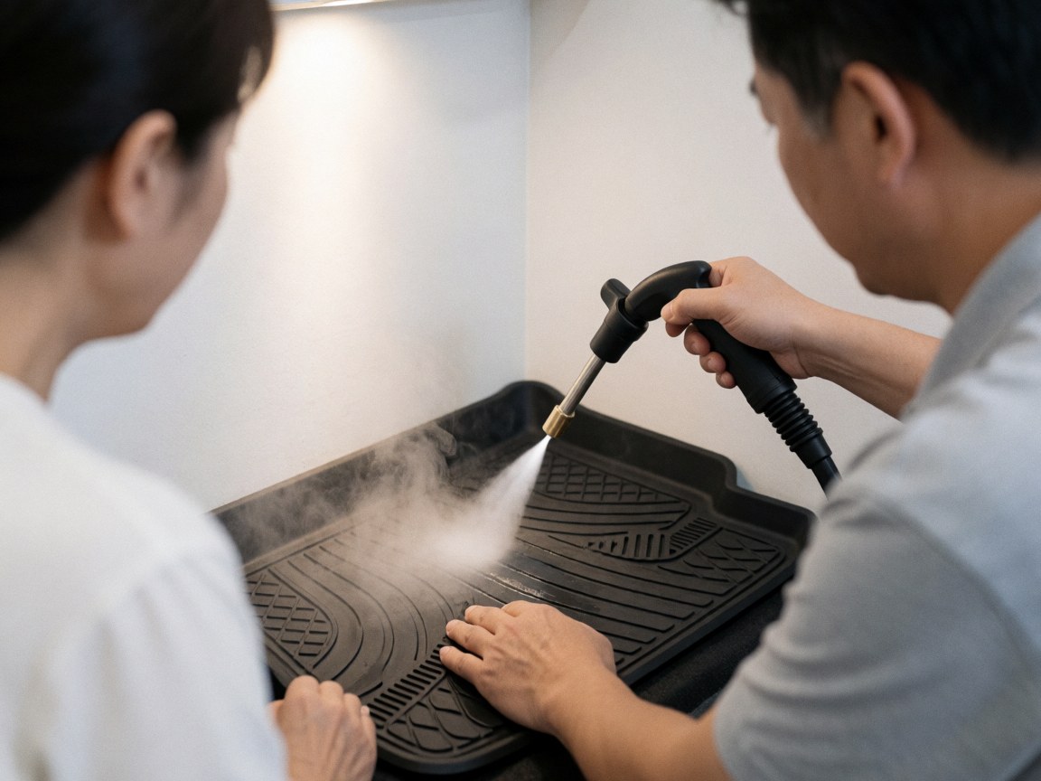 Un technicien applique de la vapeur sur un tapis en caoutchouc noir dans un atelier de lavage automobile aux murs blancs, avec de la vapeur visible.