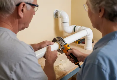 Deux ouvriers utilisent un coupe-tube pour découper un tuyau d'évacuation blanc en PVC dans un atelier aux murs beige clair.