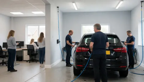 Trois hommes lavent une voiture noire avec des tuyaux bleus dans un atelier aux murs gris et aux lumières fluorescentes, illustrant un service de lavage de véhicules en action.