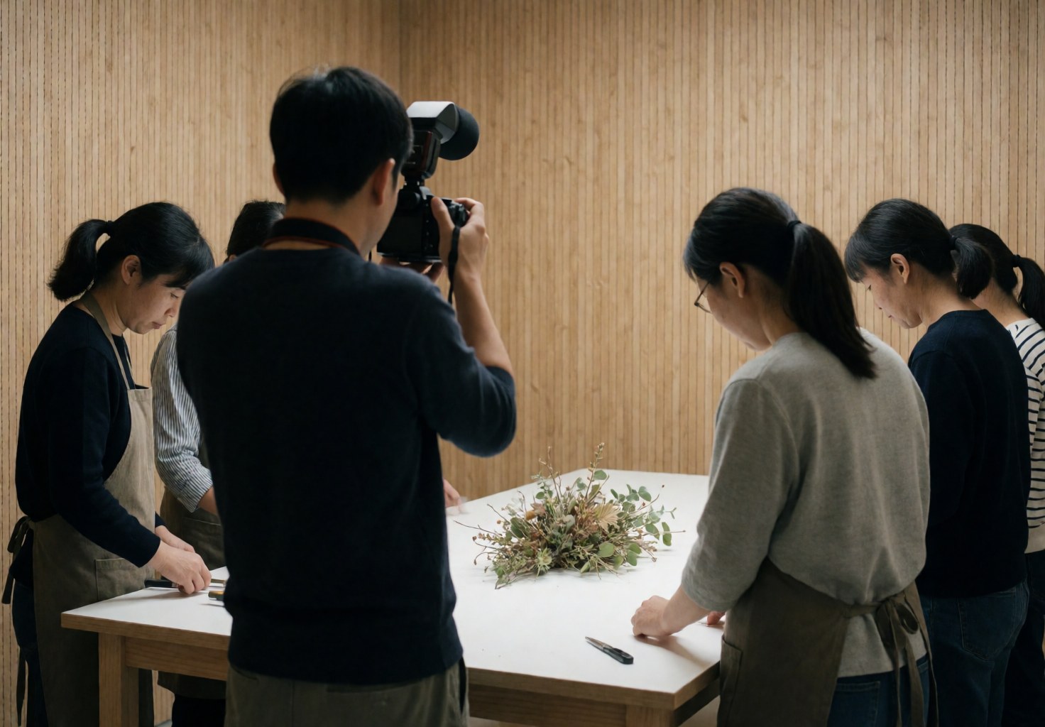 Photographe macro en studio avec des plantes, des murs en bois, plusieurs personnes de dos travaillant à une table blanche sous une lumière diffuse.