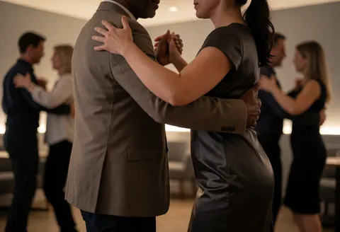 Un couple danse le tango dans une salle moderne aux murs gris et aux lumières chaudes, avec d'autres danseurs en arrière-plan.
