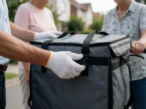 Une main portant un gant blanc ajuste la sangle d'une mallette thermique grise sur un vélo dans une rue résidentielle pour des services de livraison.