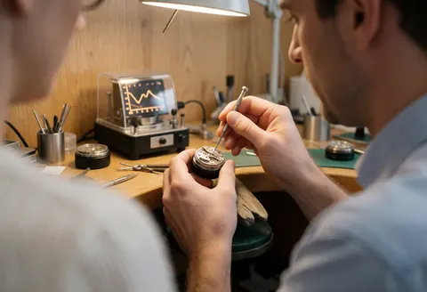 Technicien ajustant un ressort de montre avec un outil, machine d'essai avec graphique, table en bois et lumières de travail dans un atelier de réparation de montres.