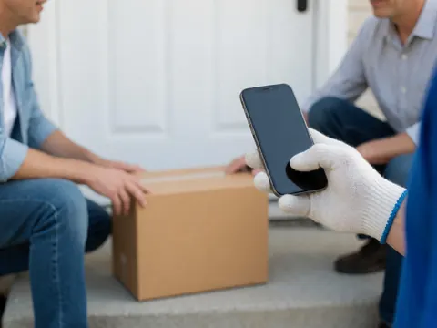 Une main portant un gant effectue la vérification d'une boîte en carton à l'aide d'un téléphone portable devant une porte blanche, illustrant le service de livraison du dernier kilomètre.