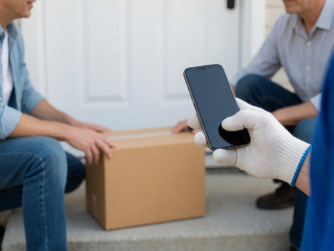 Une main portant un gant effectue la vérification d'une boîte en carton à l'aide d'un téléphone portable devant une porte blanche, illustrant le service de livraison du dernier kilomètre.