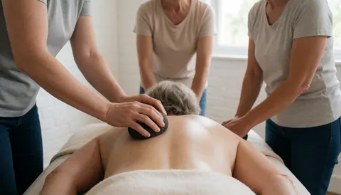 Trois praticiens réalisent un massage avec des roches chauffées sur le dos d'un client dans une pièce aux murs de briques blanches.