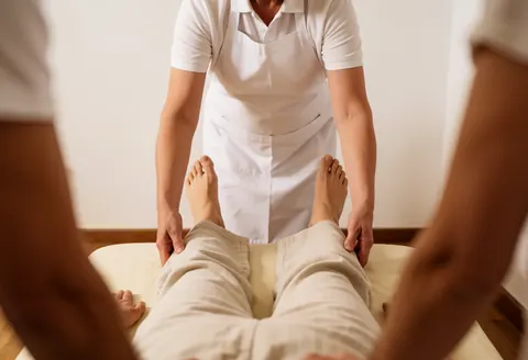 Un professionnel en tablier blanc prépare un tapis de massage thaïlandais dans un espace aux murs blancs et à l'ambiance chaleureuse.