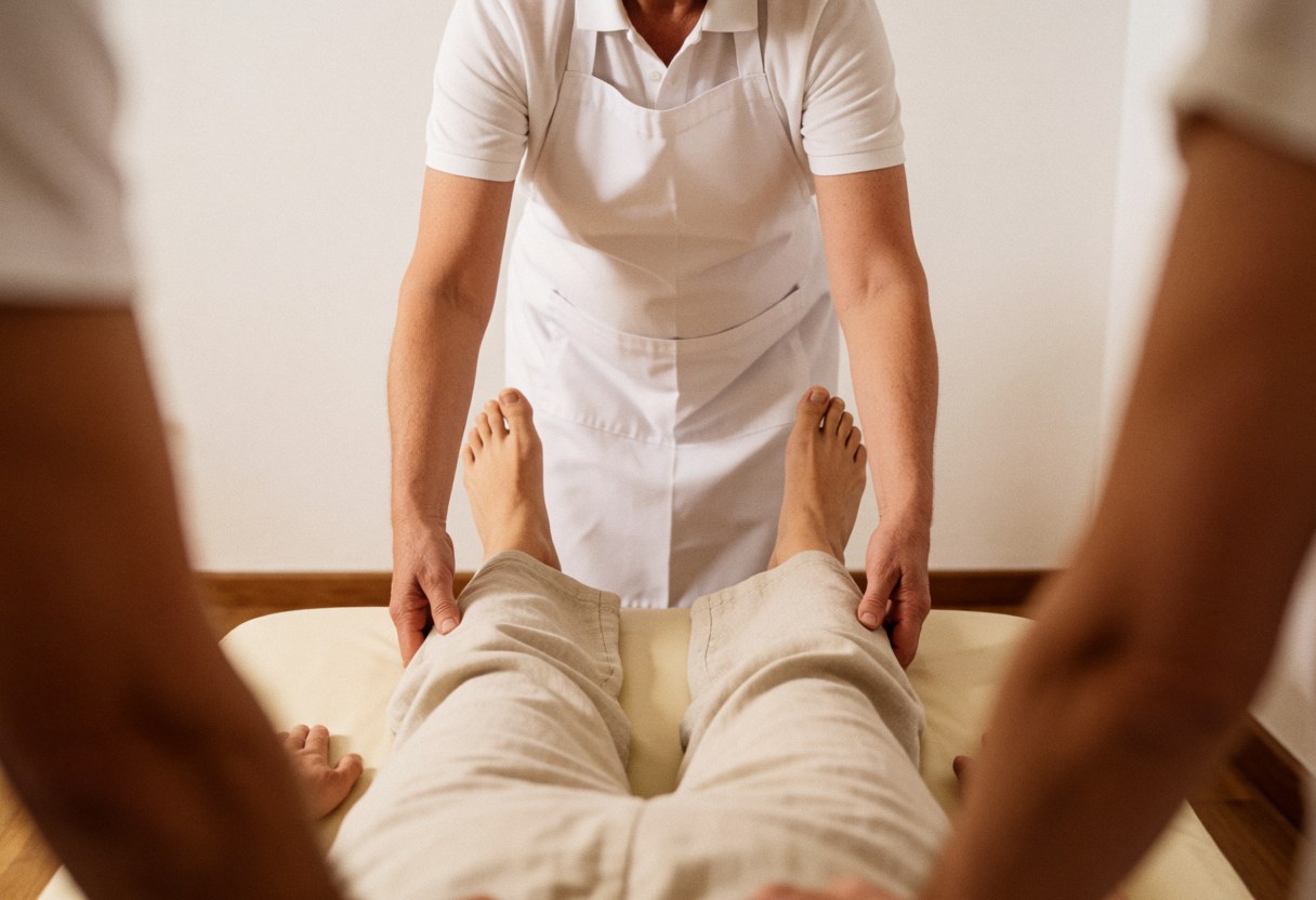 Un professionnel en tablier blanc prépare un tapis de massage thaïlandais dans un espace aux murs blancs et à l'ambiance chaleureuse.