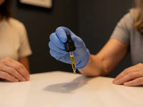 Une main portant un gant bleu distribue une goutte d'huile sur une surface blanche dans un salon de soin avec fond sombre.