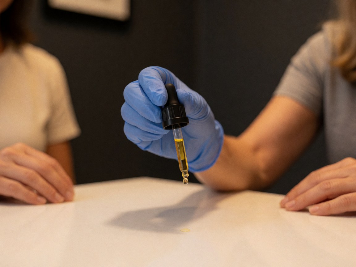 Une main portant un gant bleu distribue une goutte d'huile sur une surface blanche dans un salon de soin avec fond sombre.