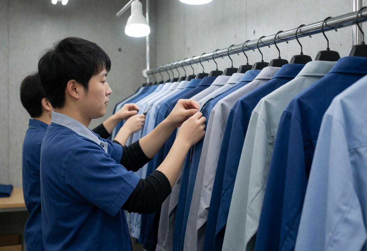 Un technicien examine des uniformes corporatifs accrochés à un rack dans un atelier avec des murs en béton et un éclairage professionnel pour le service d'impression textile.