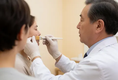 Un dermatologue en gants applique un produit sur le visage d'une cliente à l'aide d'un pinceau dans une clinique esthétique aux murs beiges.