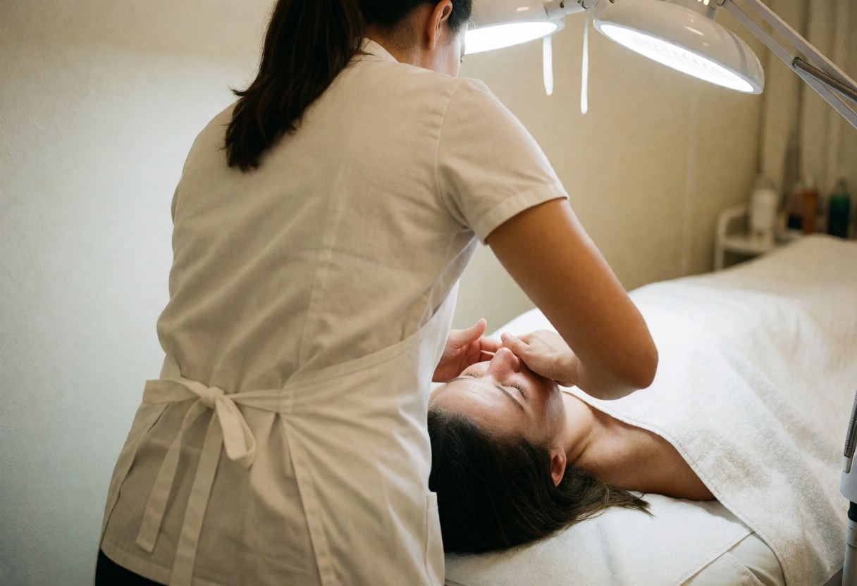 Un thérapeute en tablier blanc applique du gel sur le visage d'un client allongé sur une table de traitement dans un salon de beauté.