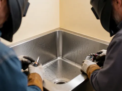 Deux soudeurs en casques et gants de protection manipulent un évier en acier inoxydable parsemé de gouttes d'eau dans une cuisine professionnelle.