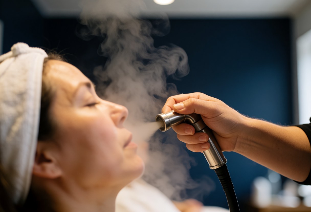 Une cliente se détend pendant un traitement facial à la vapeur dans un salon de beauté avec des murs bleu foncé.