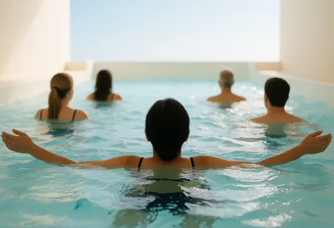 Vue arrière d'une personne se détendant dans une piscine intérieure avec des vagues, entourée de murs blancs et d'un environnement calme et relaxant.