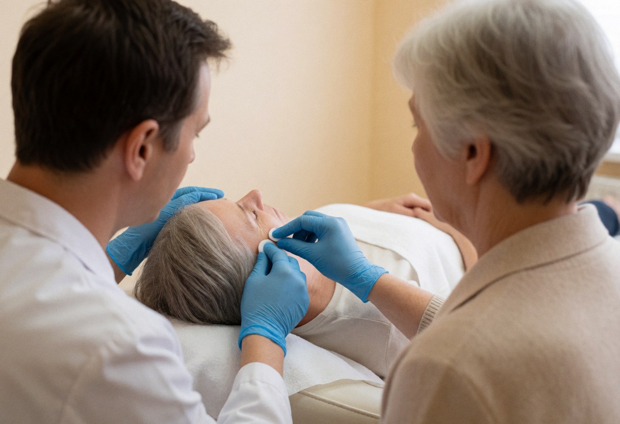 Un dermatologue en gants bleus utilise un coton pour appliquer un produit sur le visage d'une cliente allongée, tandis qu'une autre femme observe dans une clinique aux murs beige.