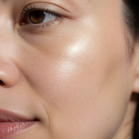 Gros plan sur une joue affichant un éclat naturel et une texture de peau détaillée, posée devant un fond de mur en béton lisse.
