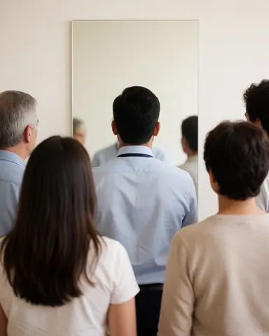 Un groupe observe attentivement un homme se tenant devant un grand miroir fixé sur un mur blanc, dans le cadre d'une présentation ou d'une réunion professionnelle.