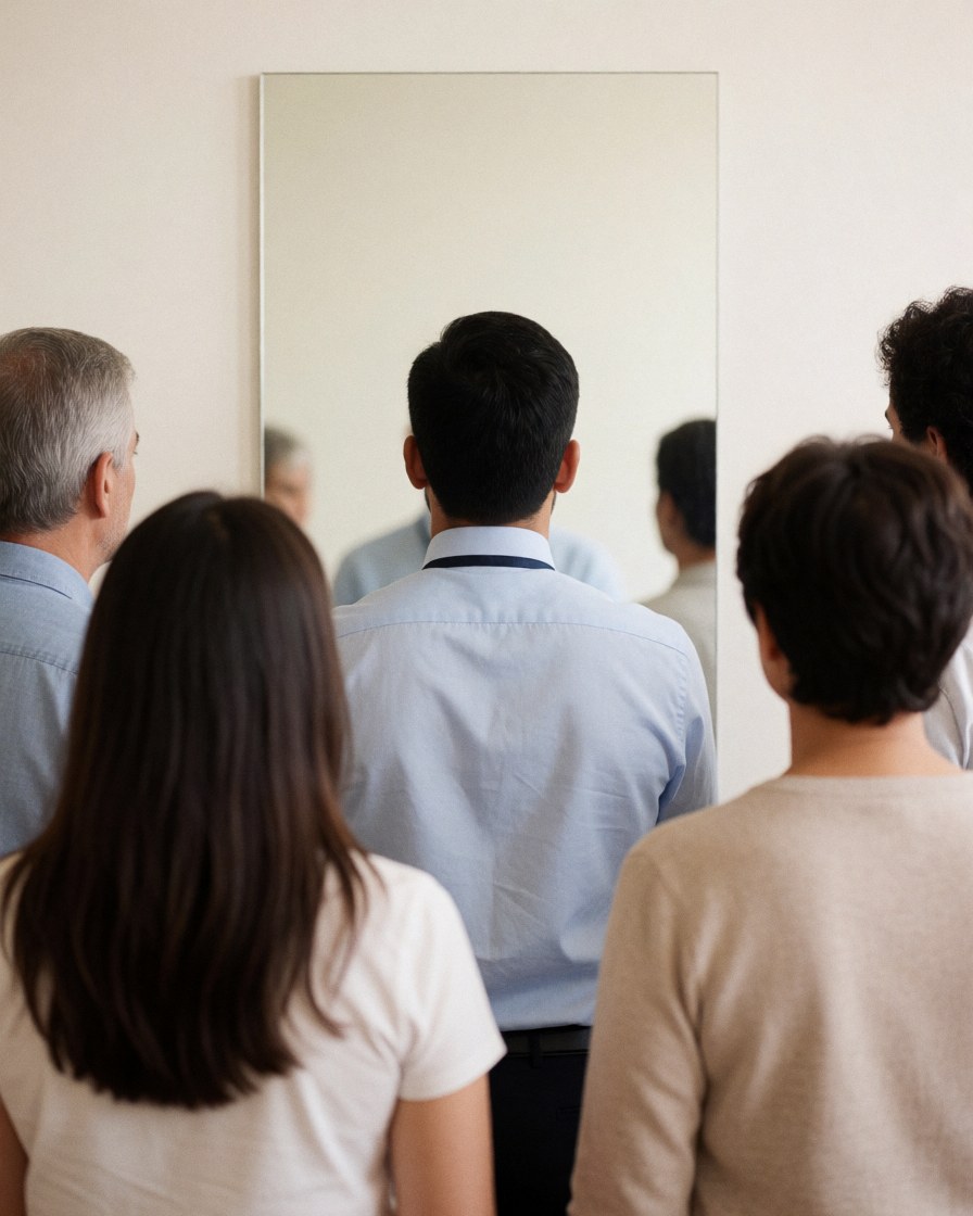 Un groupe observe attentivement un homme se tenant devant un grand miroir fixé sur un mur blanc, dans le cadre d'une présentation ou d'une réunion professionnelle.
