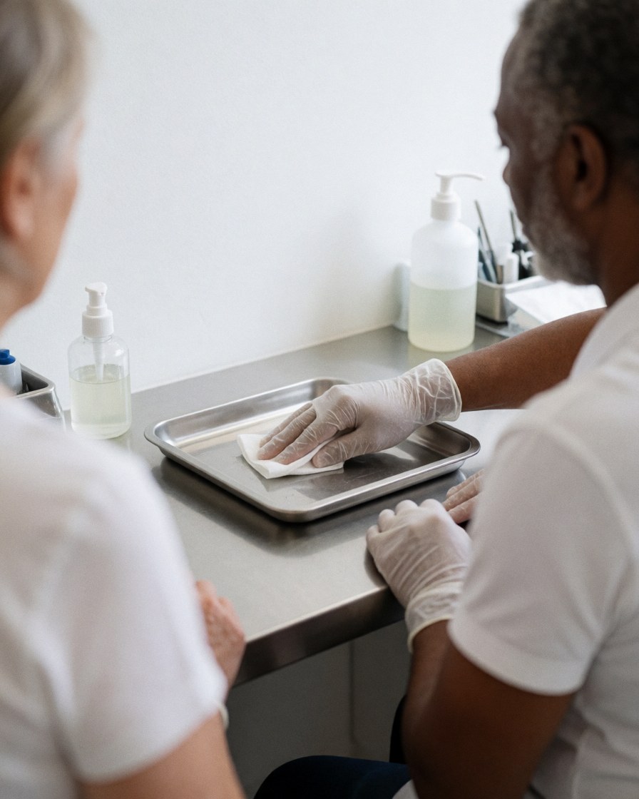 Un professionnel portant des gants nettoie un plateau métallique avec un antiseptique dans un studio de piercing aux murs blancs et à l'équipement stérilisé.