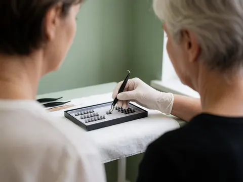 Maquilleuse professionnelle en gant blanc sélectionne un cil avec une pince sur un plateau noir, cliente assise face à elle à une table blanche, mur vert en arrière-plan.