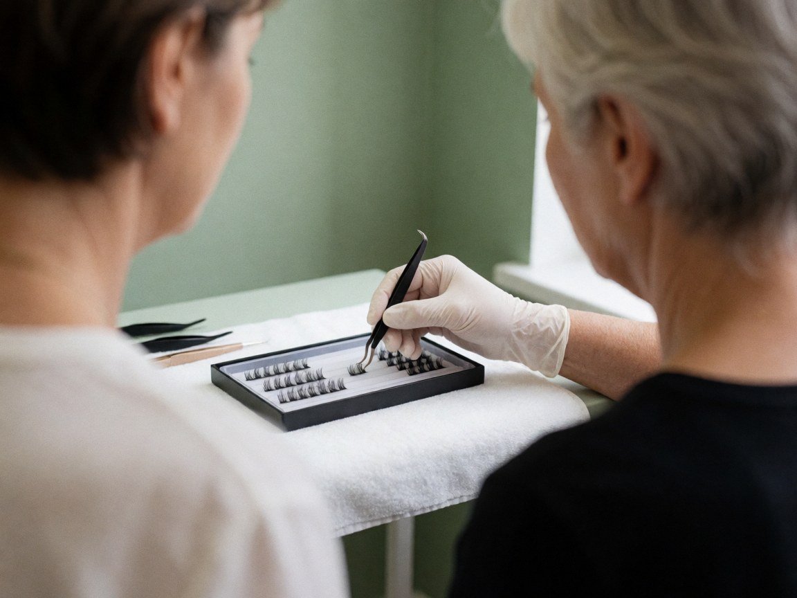 Maquilleuse professionnelle en gant blanc sélectionne un cil avec une pince sur un plateau noir, cliente assise face à elle à une table blanche, mur vert en arrière-plan.