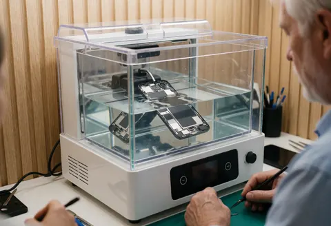 Technicien effectuant un nettoyage ultrasonique de pièces de téléphone dans un bac, avec des outils et des murs en bois clair visibles dans l'atelier de réparation.