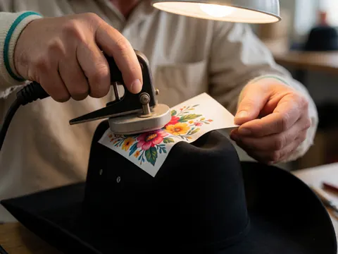 Des mains posent avec soin un motif floral sur un chapeau noir dans un atelier de textile éclairé par une lampe de travail.