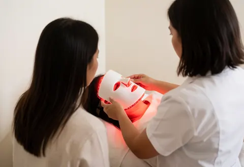 Une esthéticienne ajuste un masque LED rouge sur le visage d'une cliente allongée sur une table de massage dans un salon aux murs blancs et à l'éclairage rouge.