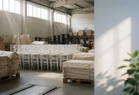 Entrepôt industriel avec des rangées de chaises blanches et des palettes d'auvents beige, éclairé par la lumière naturelle.