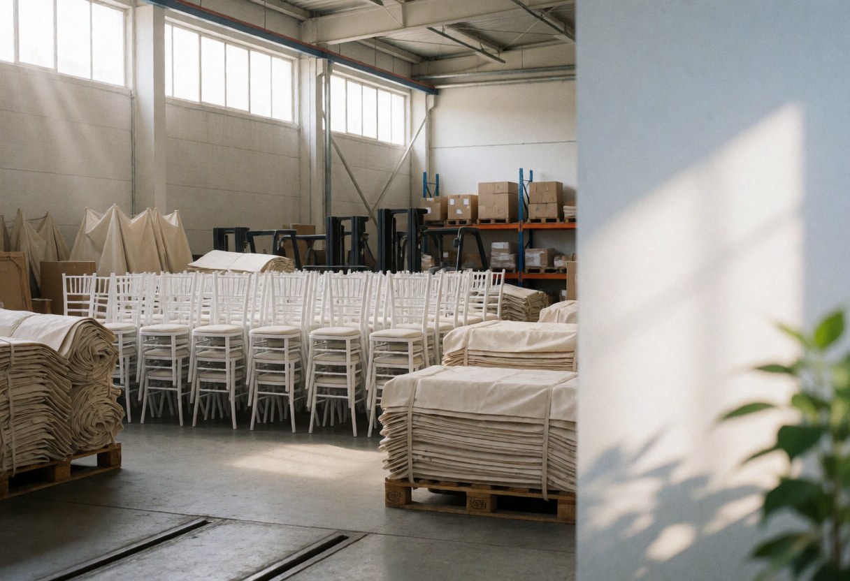 Entrepôt industriel avec des rangées de chaises blanches et des palettes d'auvents beige, éclairé par la lumière naturelle.