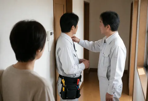 Un technicien en uniforme blanc règle un thermostat mural pendant qu'un client observe depuis l'arrière-plan d'un couloir au sol en bois et à la lumière naturelle.