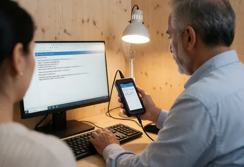 Un technicien effectue la réparation d'un smartphone à l'aide d'un équipement de diagnostic. Un écran affiche une erreur système, dans un environnement professionnel et propre.
