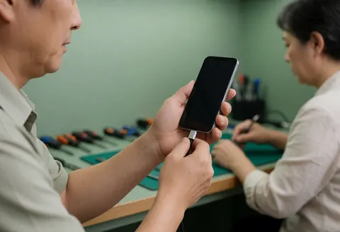 Un technicien effectue un test sur un smartphone branché à un câble dans un atelier de réparation équipé d'outils et de murs verts.