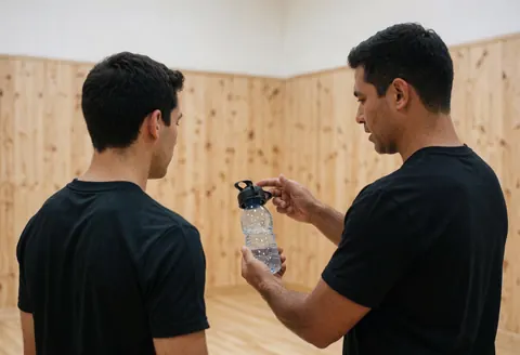Un entraîneur de basketball explique l'importance de l'hydratation à un joueur en tenant une bouteille d'eau dans un gymnase aux murs en bois.