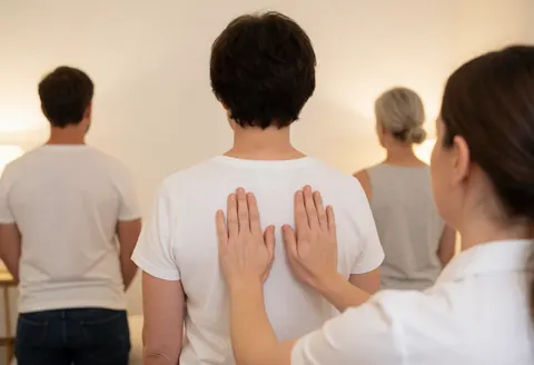 Un thérapeute réalise un massage du dos sur un client dans une salle claire avec une ambiance relaxante.