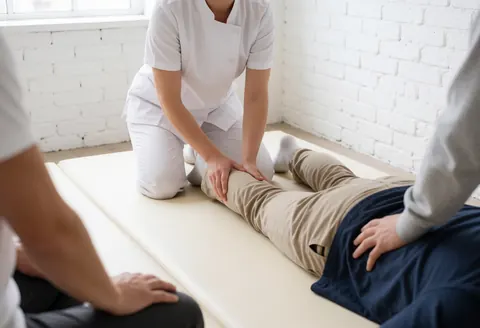 Un thérapeute en uniforme blanc effectue un étirement de jambe sur un tapis dans un studio avec mur de briques blanches et lumière naturelle.