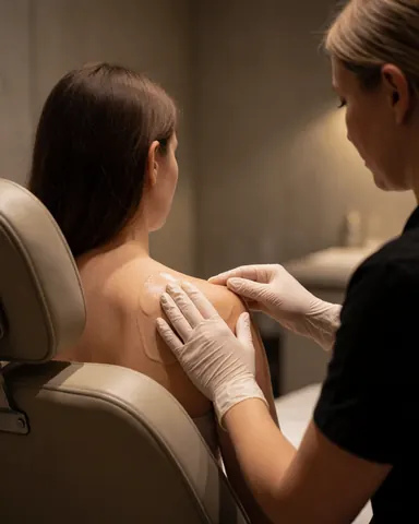Une praticienne applique du gel d'aloe vera sur le dos d'une cliente assise dans une clinique au décor moderne et à l'éclairage chaleureux.