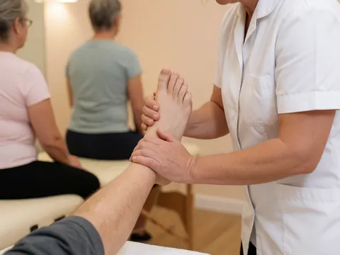 Un thérapeute en uniforme blanc réalise une technique d'étirement sur le pied d'un client dans un salon de massage aux murs beiges.