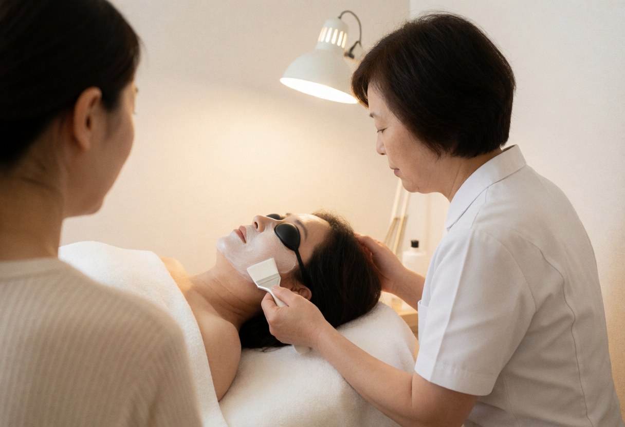 Un thérapeute applique un masque blanc sur le visage d'une cliente portant une protection oculaire dans un salon de beauté éclairé de manière chaleureuse.
