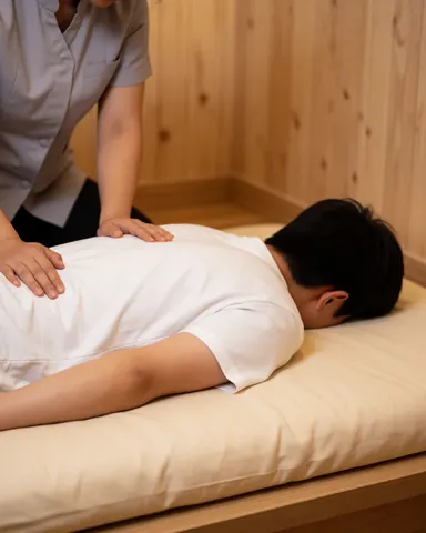 Un client reçoit un massage thaïlandais sur un lit beige dans un spa aux murs en bois clair, assisté par un praticien en uniforme gris.