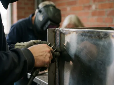 Soudeur portant masque et gants polissant une jonction métallique dans un atelier avec mur en briques, montrant un travail industriel.