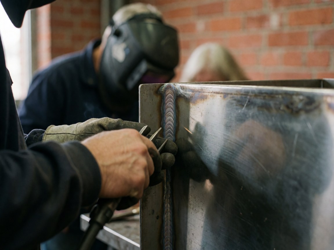 Soudeur portant masque et gants polissant une jonction métallique dans un atelier avec mur en briques, montrant un travail industriel.
