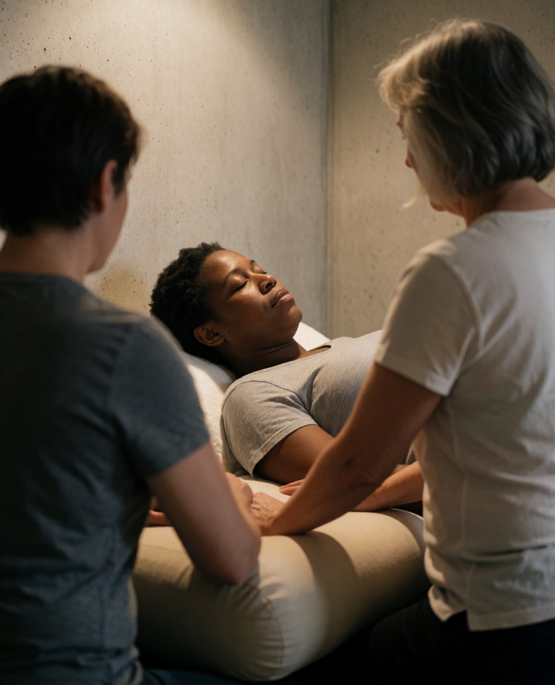 Une cliente reçoit un massage des mains d'un praticien dans un cadre aux murs de béton et à l'éclairage chaleureux créant une ambiance relaxante.