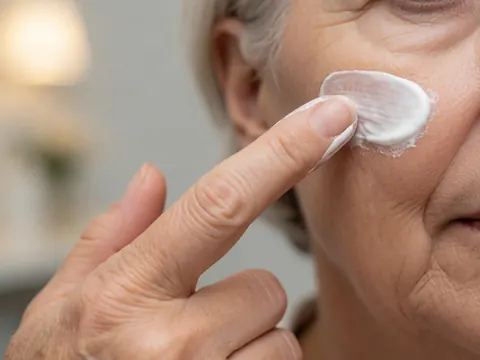 Un doigt applique une crème blanche sur la peau ridée d'une personne dans un cadre clinique éclairé, illustrant un soin dermatologique.